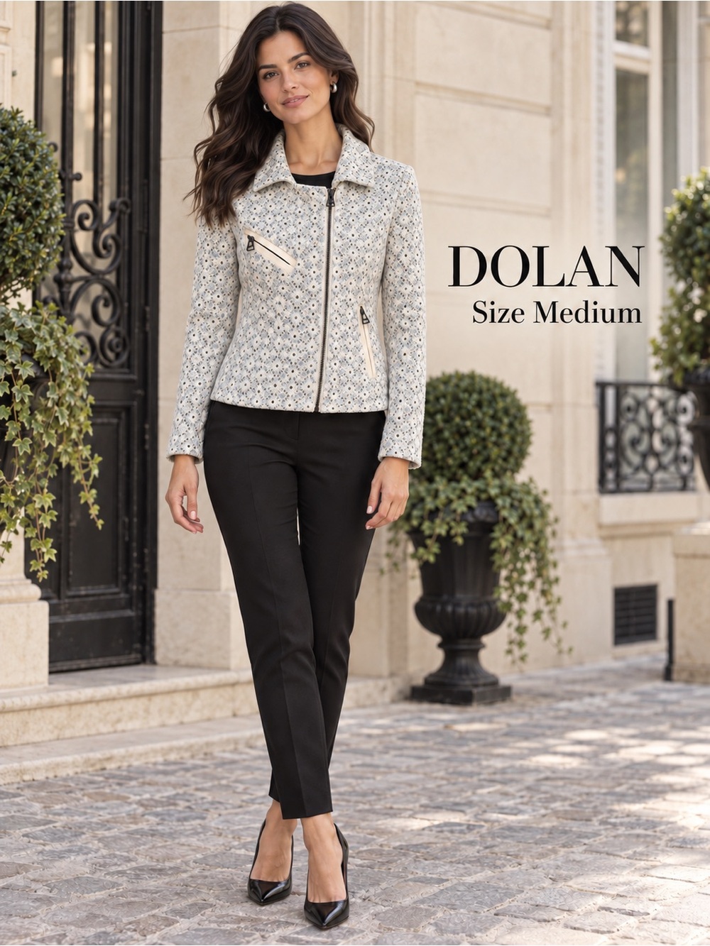 DOLAN Ivory Blue Gray Floral Eyelet Cotton Moto Jacket Size M